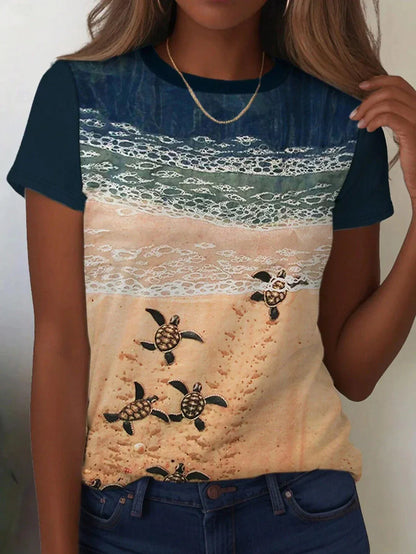 Women's T Shirt Ocean Casual Short Sleeve Round Neck Regular Tops Daily Print Blue Summer Spring